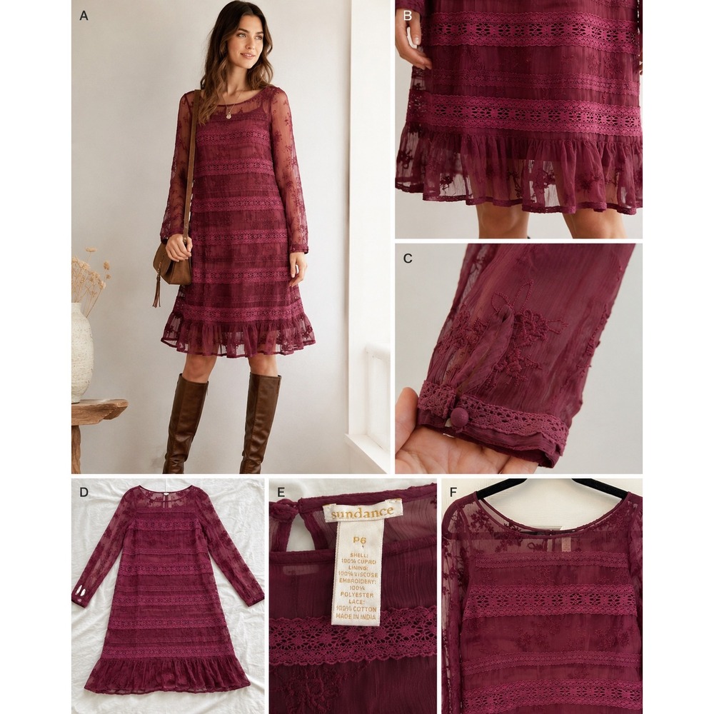 Sundance Burgundy Lace Embroidered Dress P6 Boho Dark Romantic Prairie